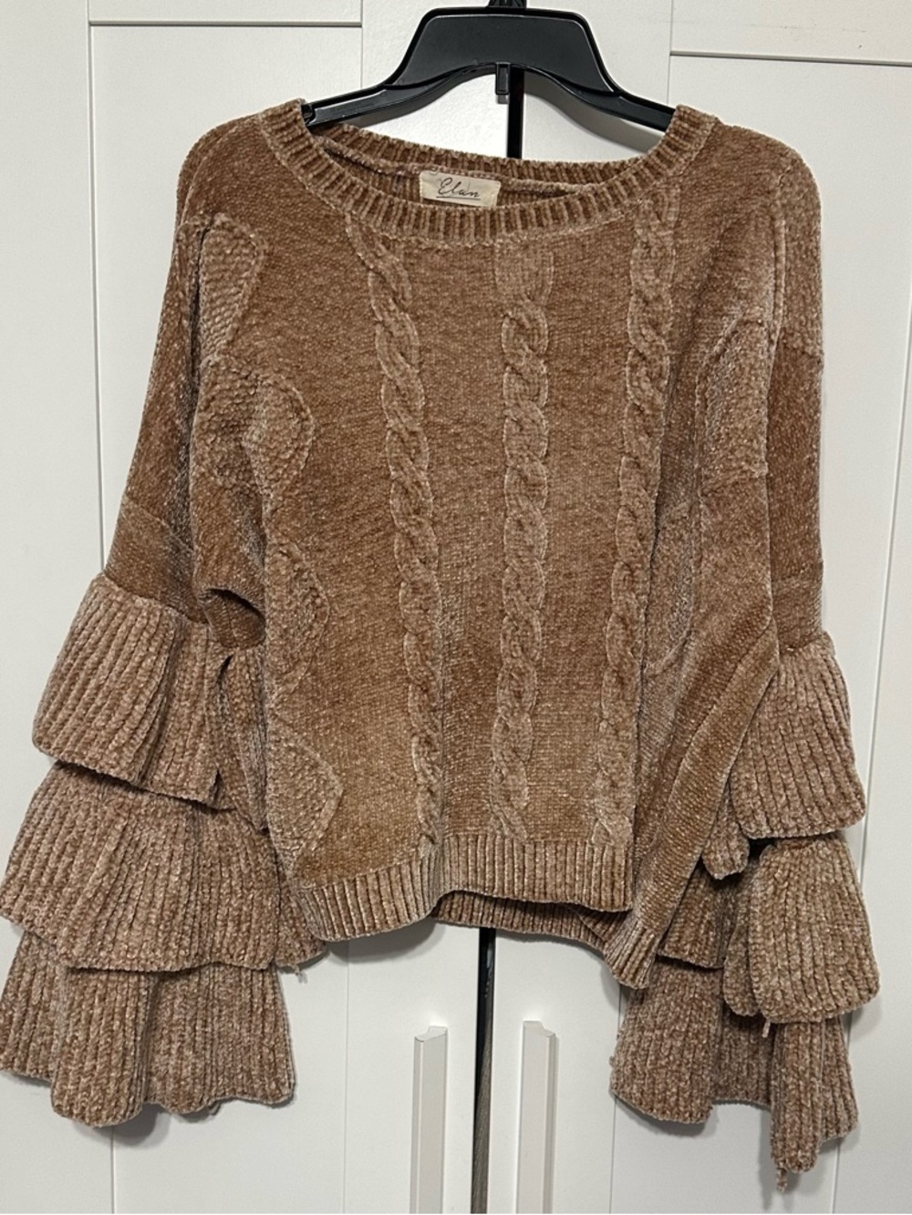 Elan Brown Chenille Cable Knit Sweater with Layered Ruffle Sleeves